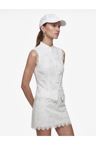Koton Koton X Melis Ağazat - Kolsuz Floral Dokulu Dik Qipao Yaka Güpür Dantel Bluz Kırık Beyaz 6sak70037ek Ekru