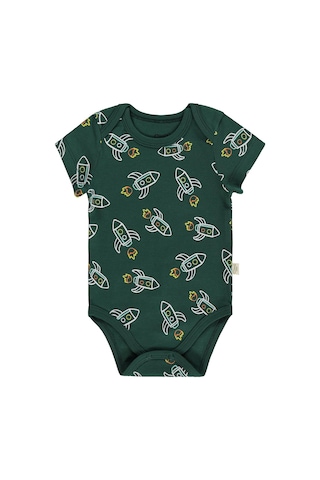 Civil Baby 3 Lü Roket Empirmeli Kısa Kol 0-36 Ay Çıtçıtlı Badi - Yeşil Çam Yeşili