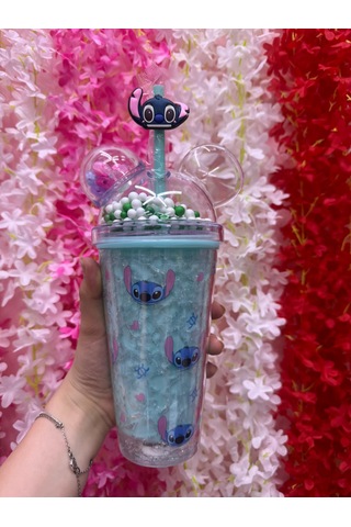 Stitch Desenli Pipetli Suluk Bardak Buzlu Cam Görünümlü Sevimli Şık Bardak Mavi