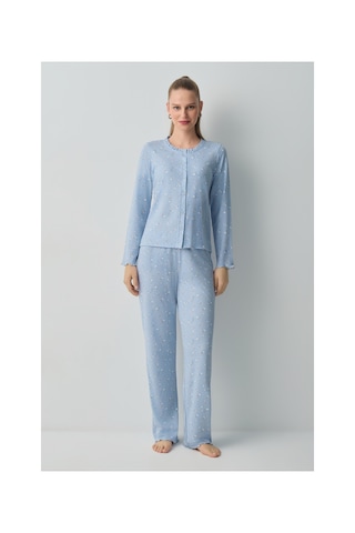 Suwen Mina Gömlek Yaka Pijama Takımı Wsh10510038348 Mavi