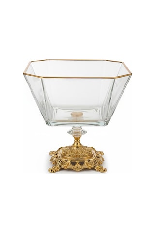 Paşabahçe Cam Paşabahçe Metal Ayaklı Gold Detaylı Cam Büyük Boy Salata & Sunum Kasesi 2,05l Altın
