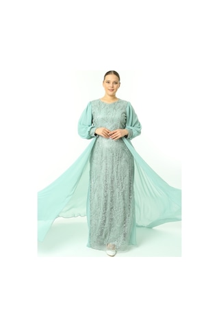 Ladies First Büyük Beden 3704 Küf Yeşili Uzun Abiye Elbise