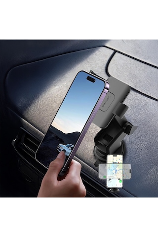 Lenyes Cr195 Sarsıntı Önleyici 360 Dönebilen Teleskopik Vantuzlu Tasarım Araç Telefon Tutucu Siyah