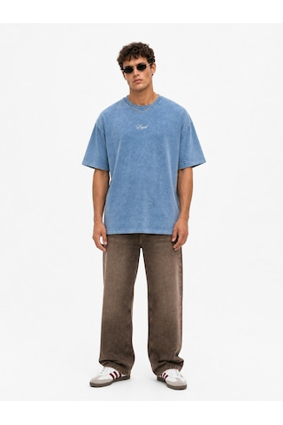 Respire Erkek Nakış Detaylı Yıkamalı Oversize T-shirt Mavi