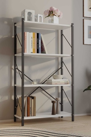 Dört Katli Çok Amaçli Rafli Kitaplik Syah Profil Beyaz Sunta 60x24x115 Cm Mtl017 Siyah-beyaz