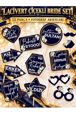 Lacivert Çiçekli Bride To Be Konuşma Balonu Seti 13 Parça