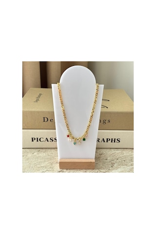 Renkli Taşlı Charm Detaylı Gold Zincir Kolye Şık Kadın Kolye Altın