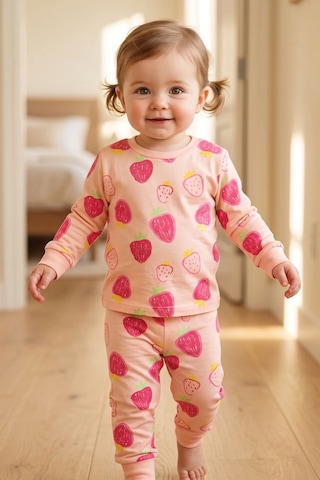 Zuzunga Kız Çocuk Strawberry - Çilek Desenli Uzun Kollu Pijama Takımı Pembe
