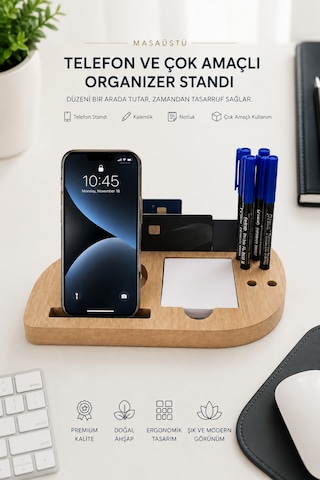 Deskmate Safir Meşe Telefon Standlı Mdf Masaüstü Organizer Kalemlik & Notluk & Kartlık