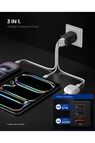 Spigen 67w Usb-c + Usb-a 3 Port Hızlı Şarj Aleti Samsung Pps 2.0 Isı Düşüren Gan Pro Akım Korumalı Pd 3.0 / Scp / Fcp Protokol Güç Adaptörü İphone & Android & İpad & Macbook Type-c Black