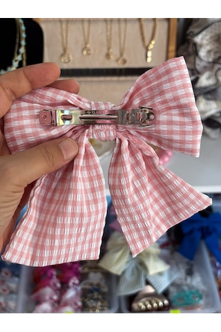 Pötikare Desenli Pembe Büyük Fiyonk Toka - Fransız Tarzı Retro Toka Açık Pembe