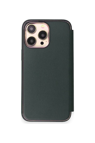 Apple Uyumlu iPhone 14 Pro Max Kapaklı Kılıf Parmak Izi Bırakmaz Dışı Deri Içi Süet Tasarım Koyu Yeşil