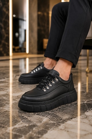 Mevese Duolc Bağcıklı Cilt Erkek Günlük Rahat Taban Sneaker Ayakkabı - Siyah