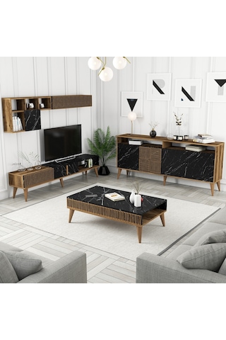 Variant Milan 3'Lü Salon Takımı - Ceviz - Siyah Mermer
