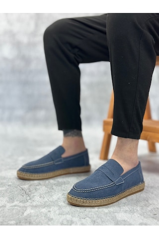 Ba0359 Boa Doğal Deri Tozu Bağcıksız Kauçuk El Yapımı Espadril Taban Mavi Renk Erkek Ayakkabı Mavi