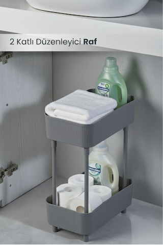 Banyo Düzenleyici 2 Katlı Gri Raf Kozmetik, Makyaj Şampuan, Havlu Dolap Organizeri Gri