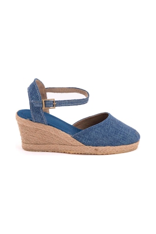 Gerçek Elişi Topuğu Açık Bilekten Bantlı Dolgu Topuk Keten Hasır Espadril Handmade Mavi