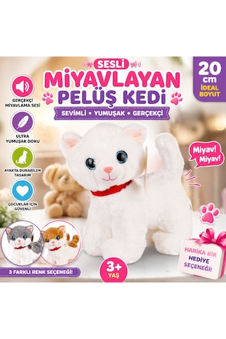 Sesli Miyavlayan Peluş Kedi 20 Cm Yumuşak Sevimli Ayakta İnteraktif Oyuncak Beyaz