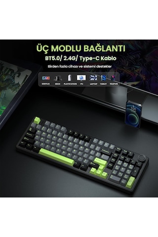 Aula F99 Pro 3 Modlu Rgb Hot Swap Mekanik Graywood V3 Switch Kablosuz Makrolu Klavye Yeşil