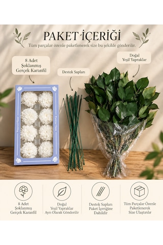 Premium Şoklanmış Gerçek Karanfil Buketi 8 Adet Beyaz Karanfil Ve Doğal Yeşil Yapraklı Uzun Ömürlü Dekoratif Çiçek Beyaz - Koyu Yeşil