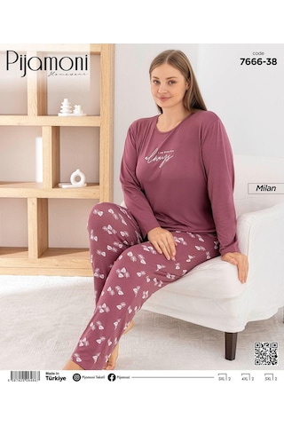 Pijamoni Kadın Milan Büyük Beden Bisiklet Yaka Uzun Kol İnce Pijama Takımı 7666/38 - 1 Adet Gülkurusu