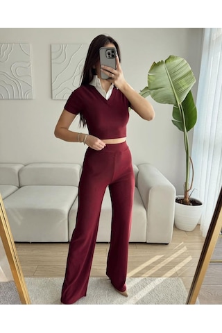 Elaxi Ottoman Kumaş Gömlek Garnili Crop-pantolon İkili Takım Bordo