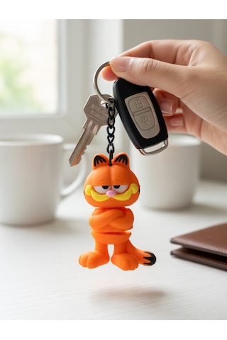 2 Adet Klasik Garfield Kedi Anahtarlığı 3d Esnek - Siyah Zincirli Turuncu