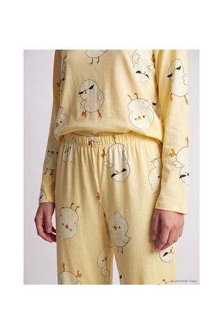 LC Waikiki Alıta Cıty Farkıyla Lcw Young Sarı Penye Desenli Uzun Kollu Kadın Pijama Takım Sari - 929503497 Sari