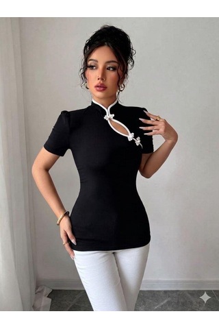 Mareandpanda Kadın Beyaz Şerit Detaylı Dar Kesim Dik Yaka Bluz SIYAH