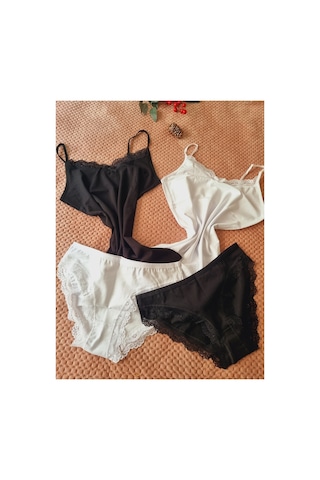 Demirsa Boutique Dantelli Ip Askılı 2'li Siyah Ve Beyaz Renk Kadın Atlet Külot Takım Siyah-beyaz