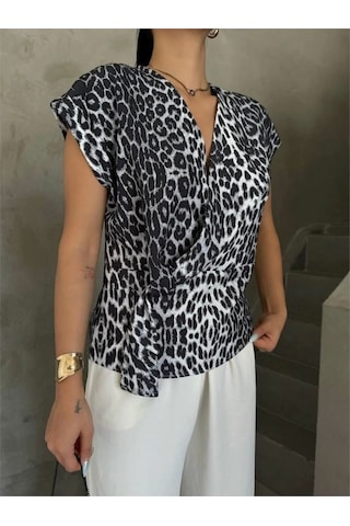 Defymoda Leopar Desen Yandan Bağlama Detaylı Bluz - Gri Gri