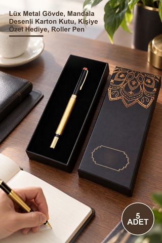 5 Adet Roller Kalem Lüx Metal Gövde, Mandala Desenli Karton Kutu, Kişiye Özel Hediye, Roller Pen
