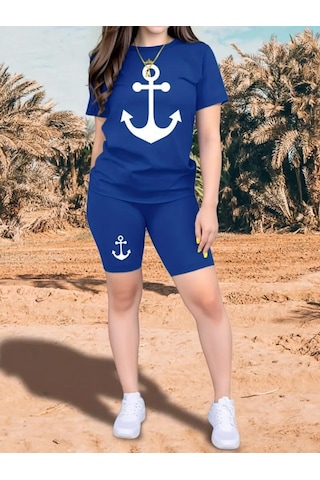 Modaserdem Kadın Kısa Kollu Çapa Baskılı Viskon Ikili Takım Saks Mavi
