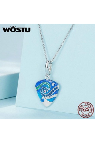 Wostu Müzik Hediyeler 925 Ayar Gümüş Gitar Mızrap Mavi Emaye Narin Charm Kolye Kadınlar Genç Kızlar İçin Gümüş