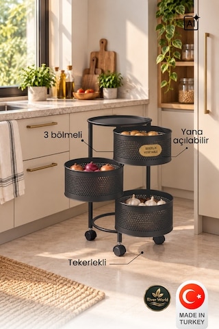 River World Tekerlekli Rengi Antrasit Açılabilen 3 Katlı Çok Amaçlı Metal Raf Mutfak, Balkon, Kiler Çok Renkli