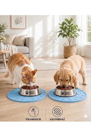 Silikon Mama Matı Kedi & Köpek İçin / Kaymaz, Yıkanabilir, Havuzlu Mama Altlığı Mavi