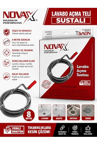 Novax Banyo Mutfak Lavabo Açma Teli Sustaalı 8 Metre