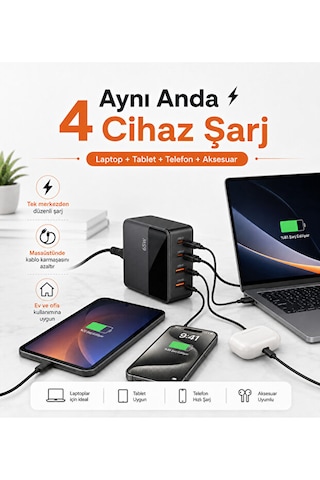 65w Gan Masaüstü Şarj Cihazı 4 Port 2 Usb-c 2 Usb-a Lcd Göstergeli