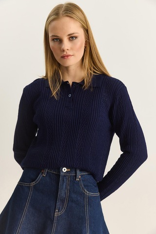 Shade Kadın Polo Yaka Patlı Regular Fit Triko Kazak 20258063 - Lacivert