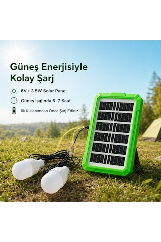6v 3.5w Solar Panel Sistemli Taşınabilir Aydınlatma Seti 2 Led Ampullü Kamp Lambası