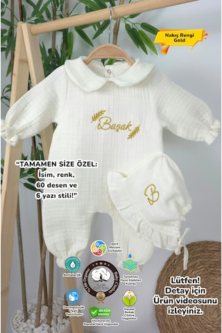 Gros Shop Müslin Yeni Doğan 4katlı Organik %100pamuk Kişiye Özgü Nakışlı Hastane Çıkış Seti-başak Model Ekru