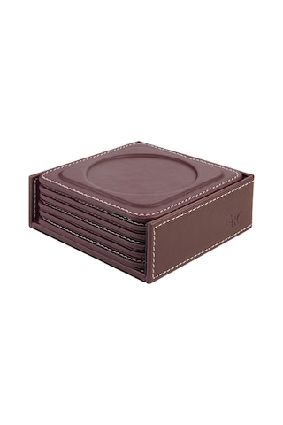Bardak Altlığı,6 Lı Set,masaüstü Yuvarlak Cup Coaster,vegan Suni Deri,11x11 Cm.,bordo Bordo