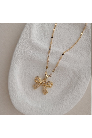 Lente Aksesuar Çelik Kararmaz Zirkon Taşlı 14k Altın Rengi Fiyonk Kolye Gold
