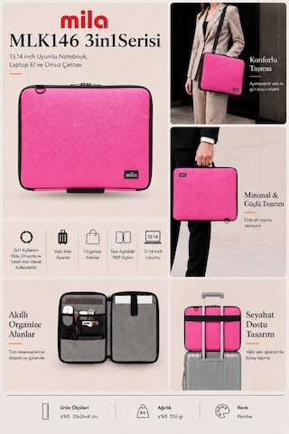 Mila 3in1 Serisi Mlk146 13,14 İnch Uyumlu Tablet, Laptop El Ve Omuz Çantası - Pembe