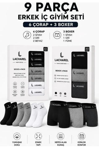 Veraura Lifestyle Erkek 9lu İç Giyim Seti Pamuklu 3 Boxer 6 Çorap Çoklu Paket - Siyah - Füme - Gri - Beyaz Çok Renkli