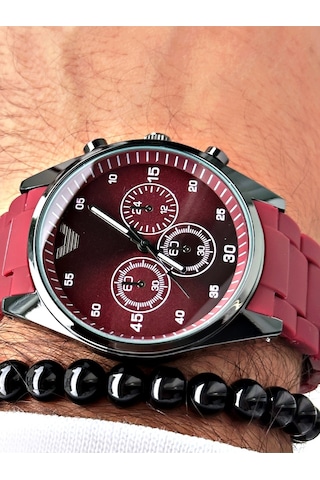 Premium Tasarım Silikon Kordon Exclusive Serisi Metal Kasa Erkek Kol Saati-bileklik Hediyeli Kırmızı