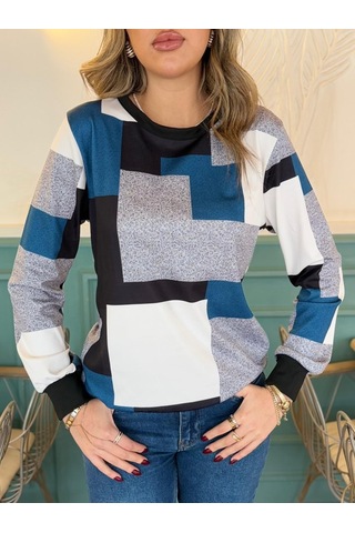Nnstartshopping Kadın Uzun Kollu Bisiklet Yaka Renkli Blok Baskı Dalgıç Bluz Mavi