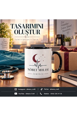 Almera Craft Kişiye Özel İsimli Nöbet Molası Kupa Bardak 300 Ml Siyah Kulplu Doktor Hemşire Hediyesi Beyaz-siyah