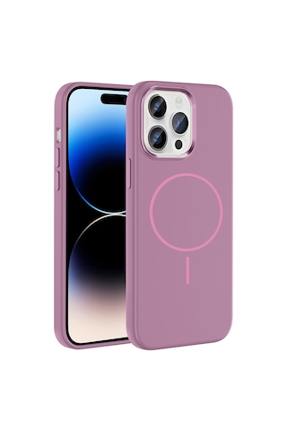 Zore Apple iPhone Uyumlu 14 Pro Max Kılıf M-safe Şarj Özellikli Metal Kamera Çerçeveli Omsy Edi Silikon Kapak - Mor