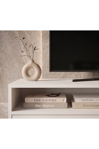 Modern Beyaz Tv Ünitesi 120 Cm - Ayaklı Ve Duvara Monte Edilebilir Çift Yönlü Kullanım